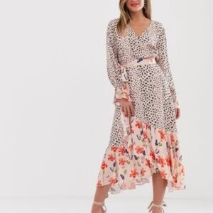 Dark Pink Long Sleeve Floral and animal print Wrap Maxi Dress